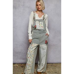POL Stripe Denim Embroidery Floral Patchwork Wide Leg Overall Jumpsuit Size M
